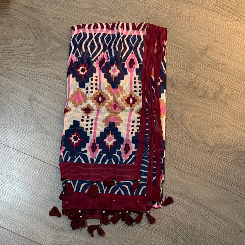 Boho Tassel Print Scarf in Burgundy, Navy & Pink